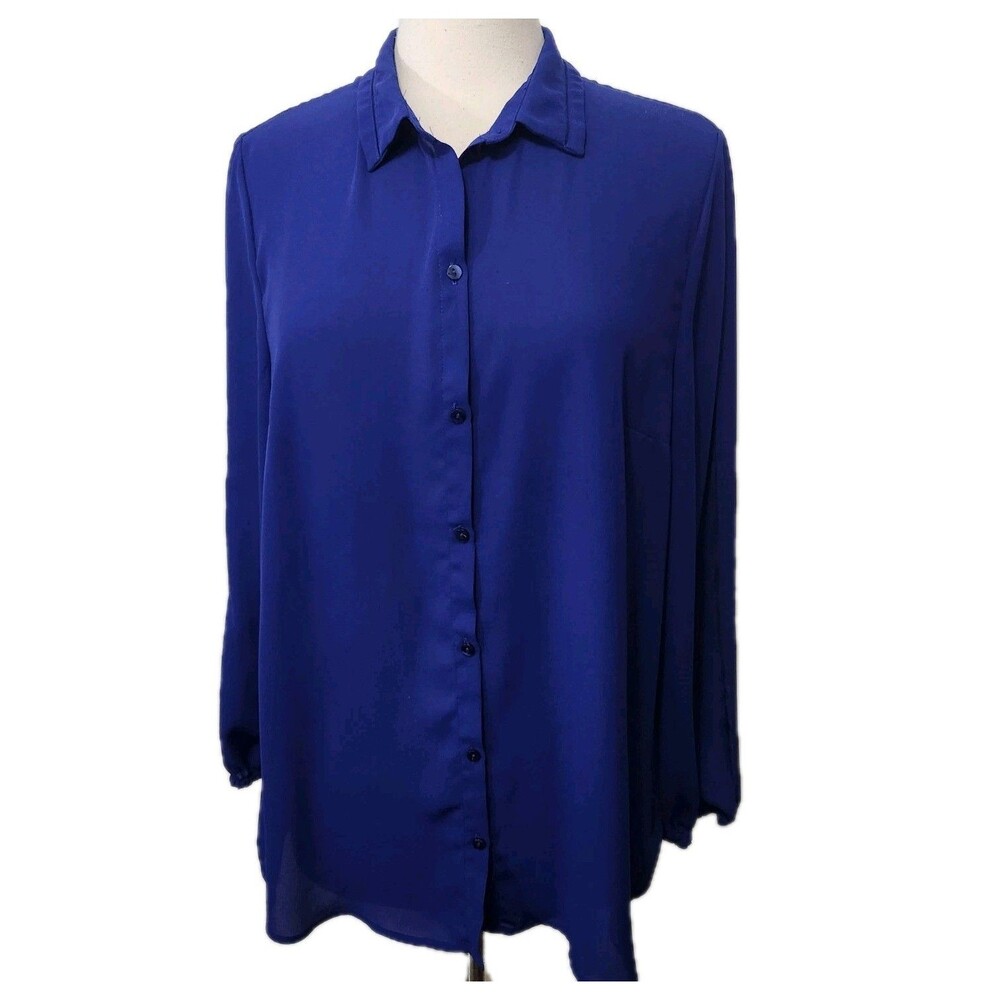 City Streets Womens Top Blouse Xl Blue Button Front Long Slit Sleeve Collared